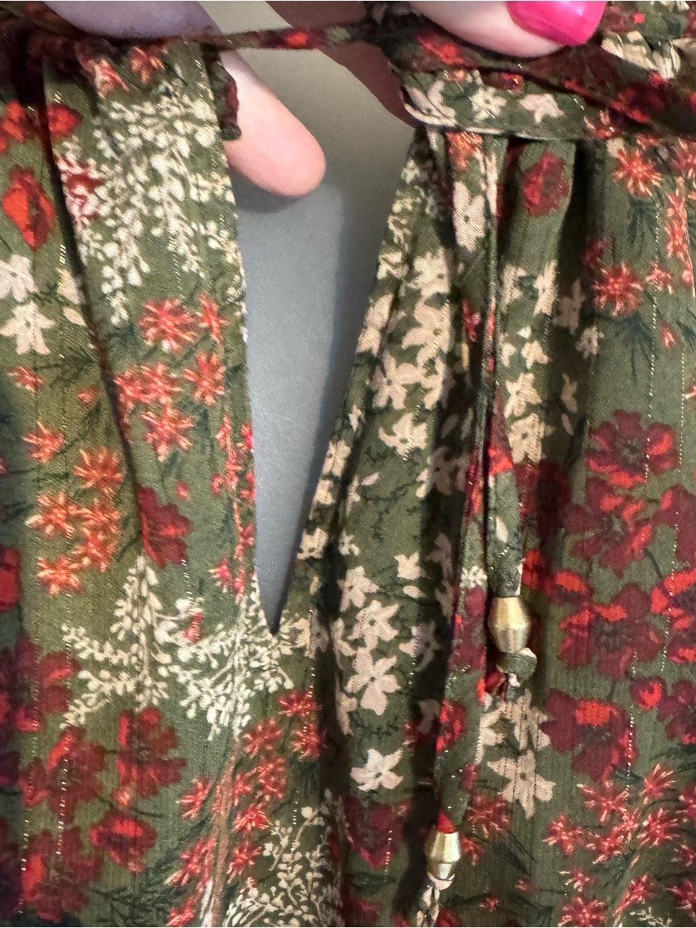 GORGEOUS Olive Floral Tie-Neck Peasant Blouse FALL!!! LARGE #W - Picture 3 of 11